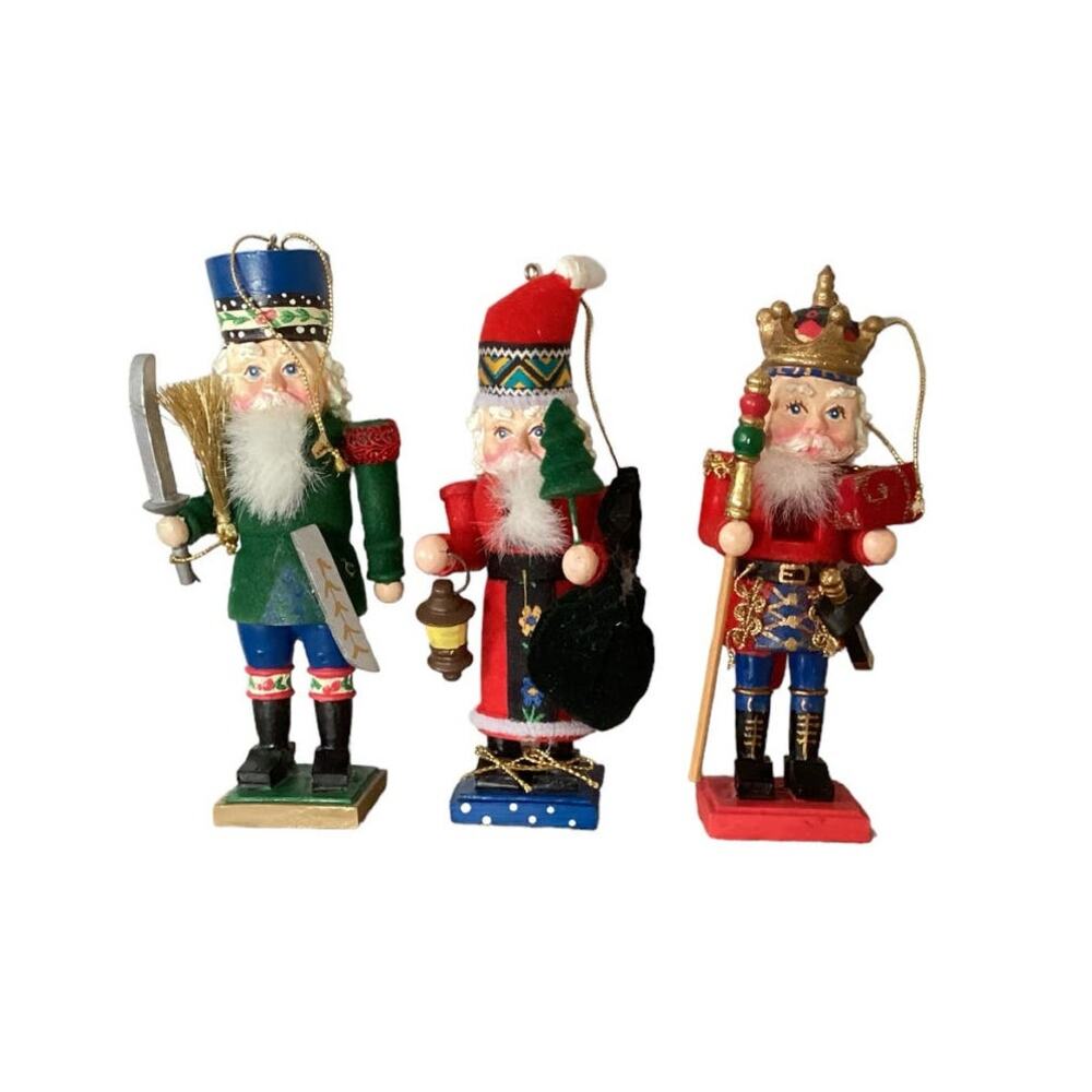 Wooden Nutcracker Ornaments With Painted Resin Faces Set of Three Vinyage